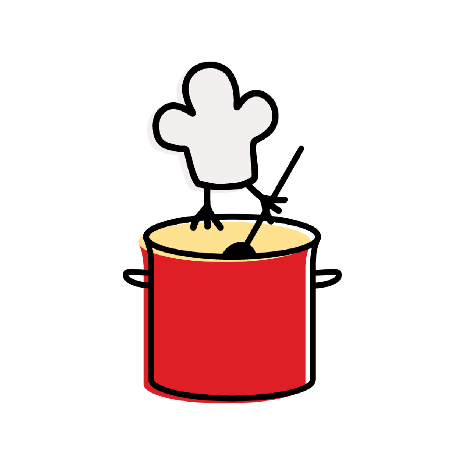 Vector illustration of a chicken under a chef's hat stirring soup in a big pot
